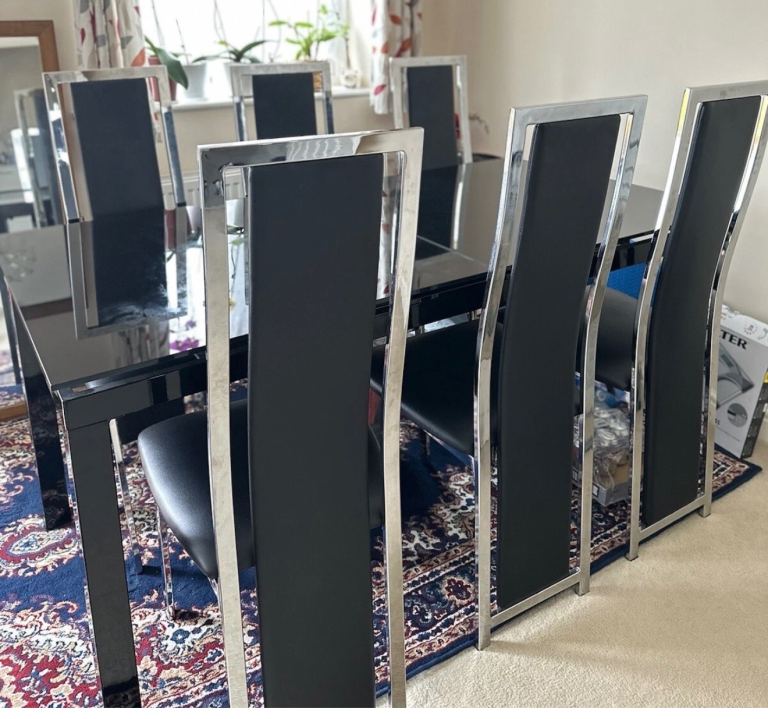 Black Glass Dining Table with 6 Chrome Chairs