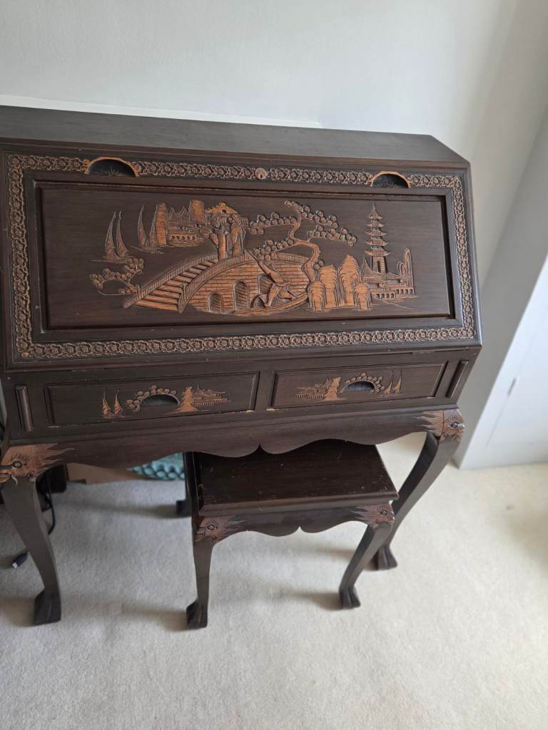 Custom hand-carved dark wood writing desk