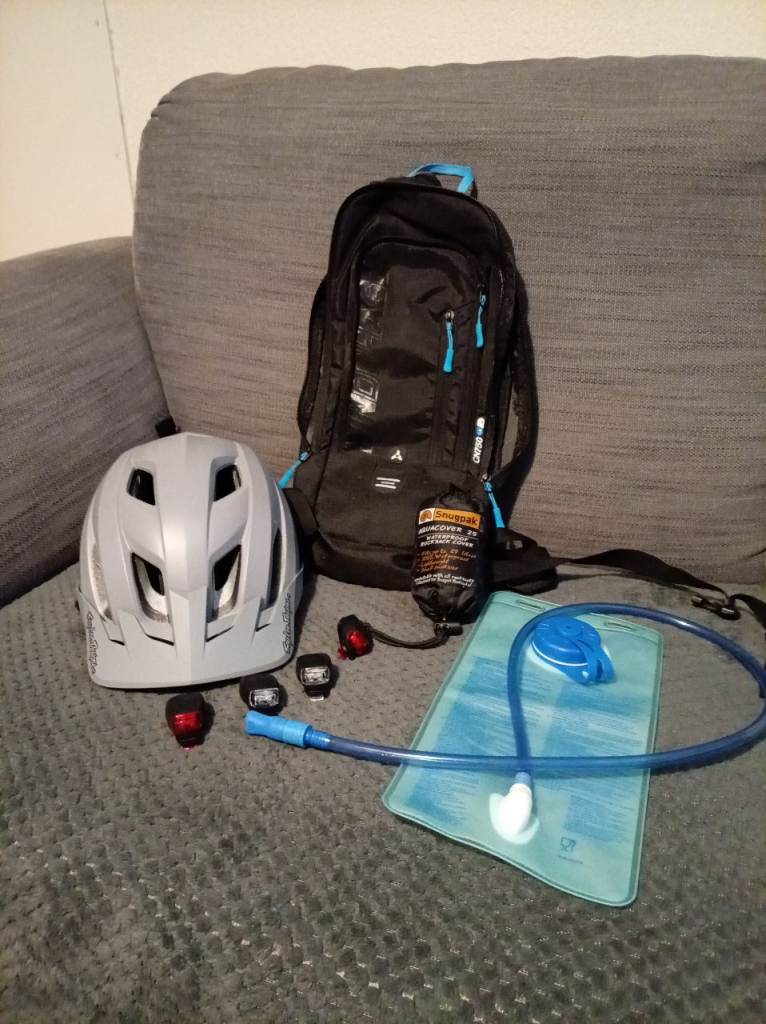 Bike Helmet, Backpack, Lights & Hydration Pack – Good Condition