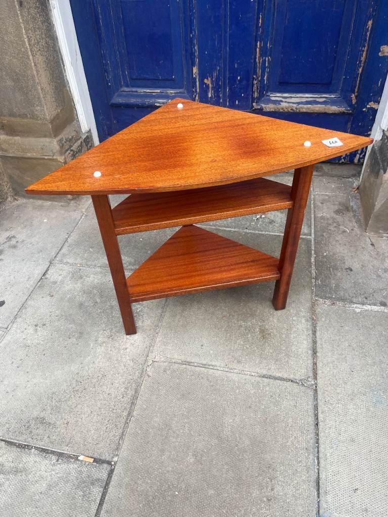 Mid Century Corner Table , unusual shape , great shape .