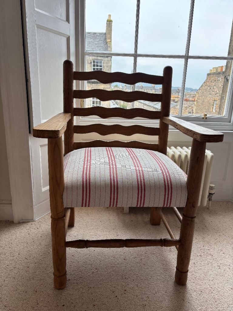Sturdy Wooden Chair with Striped Upholstery – Good Condition