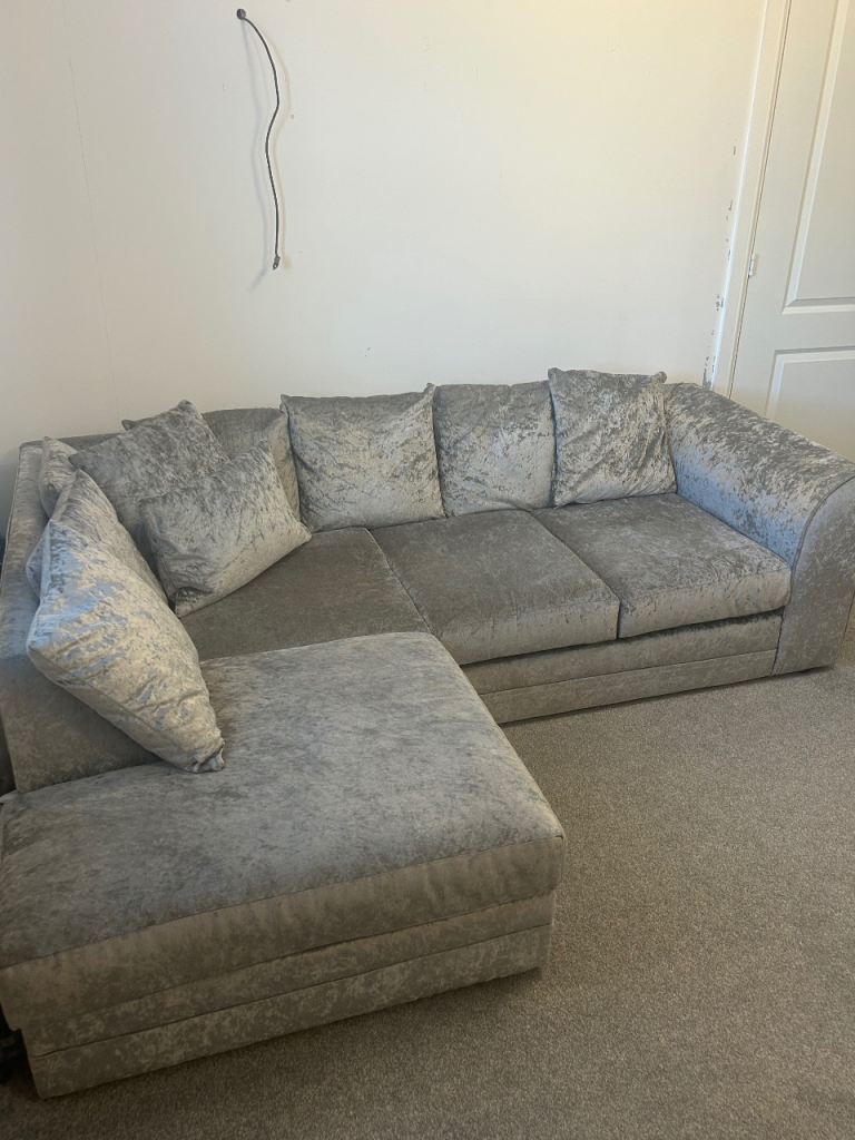 3 seater L shape Sofa - Crushed velvet in silver 