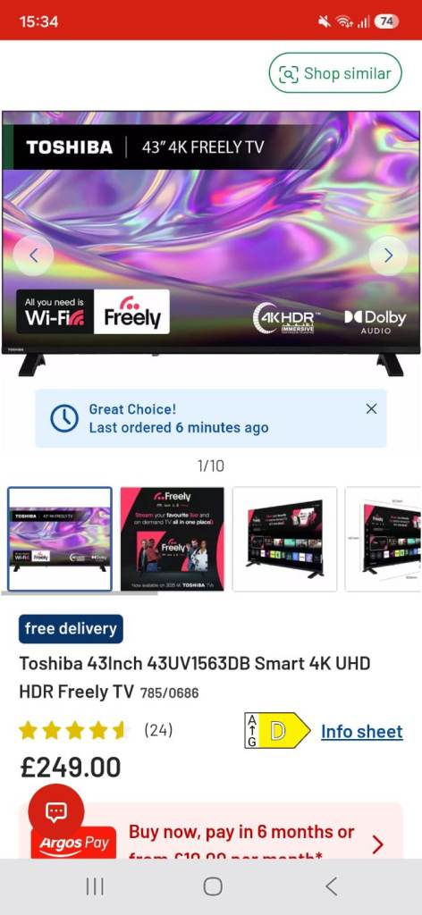 Toshiba 43UV1563DB 43 inch 4k Ultra HD Freely TV