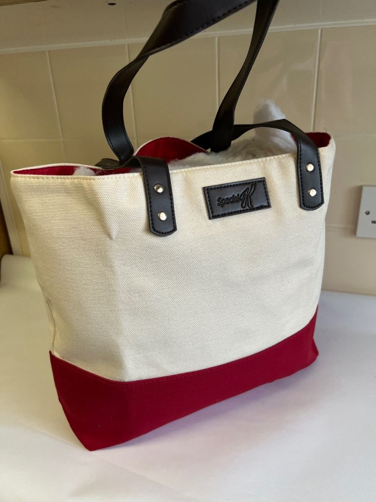 New Red and Cream Fabric Shopper Bag with Leather Straps