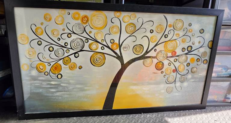Large Painted picture with glass wood frame 120x68cm