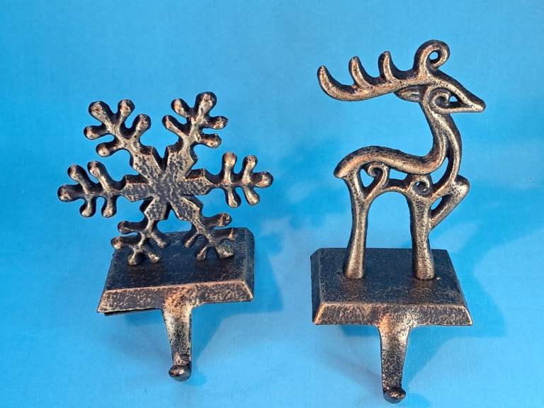 Christmas Stocking Holders / Metal Reindeer and Snowflake Stocking Hangers.