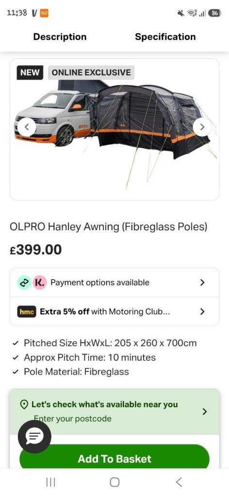 OLPRO Hanley Awning with Fibreglass Poles – Brand New