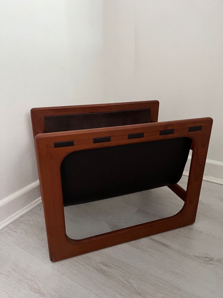 Mid Century Salin Mobler Danish Teak & Leather Magazine Rack