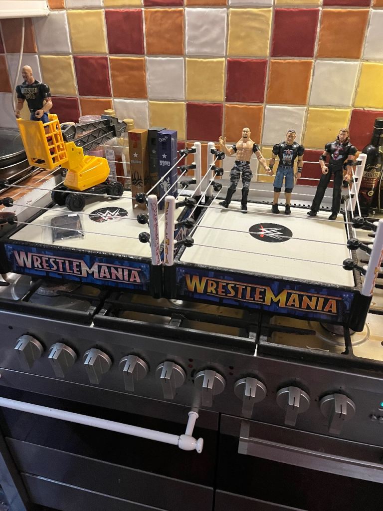 WWE WrestleMania Wrestling Ring & Action Figures - Good Condition