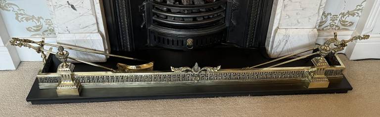 Decorative Brass Fireplace Fender and Tools