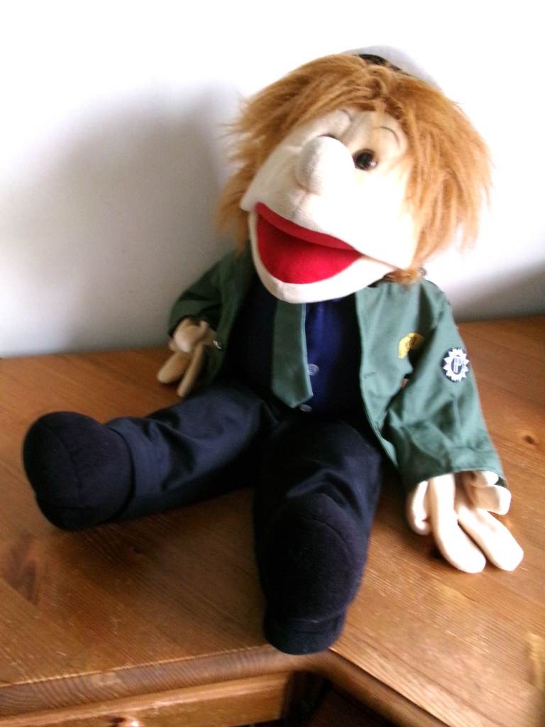 RARE LIVING PUPPET BOY WITH 3 OUTFITS. GERMAN POLICEMAN, FIREFIGHTER, MEDIC WITH BAG.