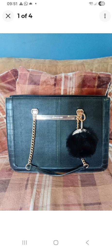 River Island Black Faux Leather Shoulder Bag with Gold Chain Detail and pompom charm 