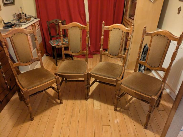Set of 4 Antique Pine Reupholstered Dining Chairs 