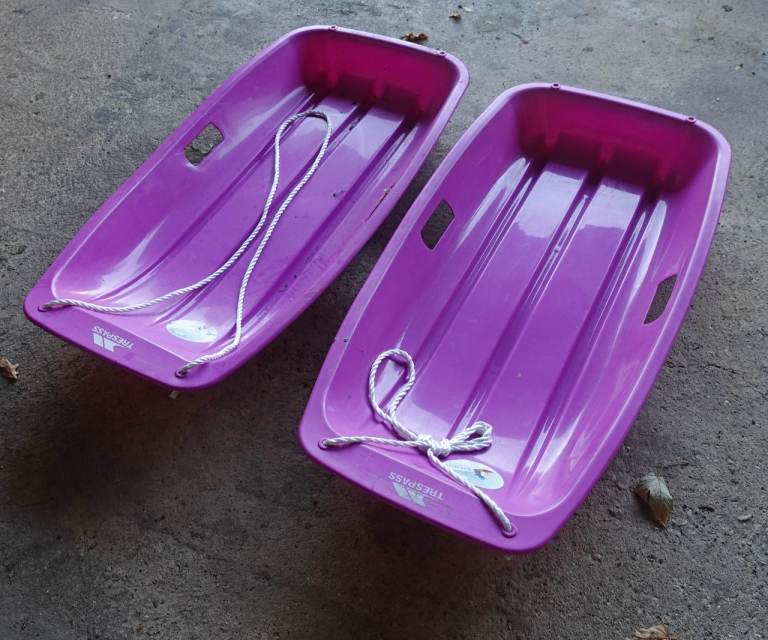 2x Snow Sled. Sledge Sleigh. 89cm Long. Childs Childrens Kids Trespass Purple
