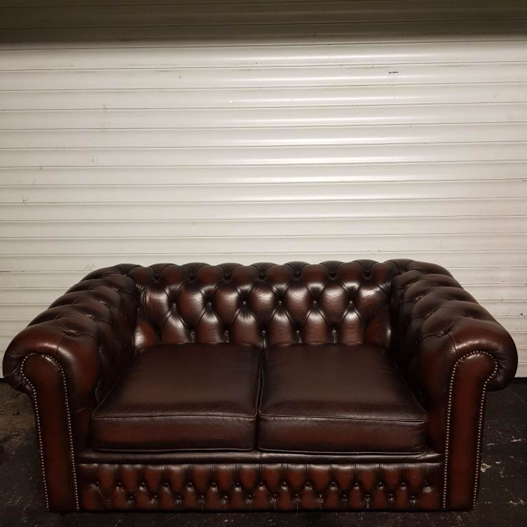 image for Lovely Brown Leather Chesterfield 2 Seater Sofa Settee Couch - Stud detail