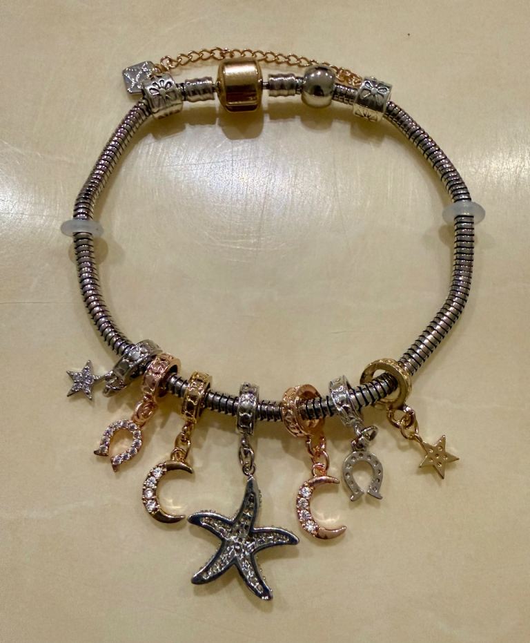 Diamond Style Charm Bracelet with Safety Chain