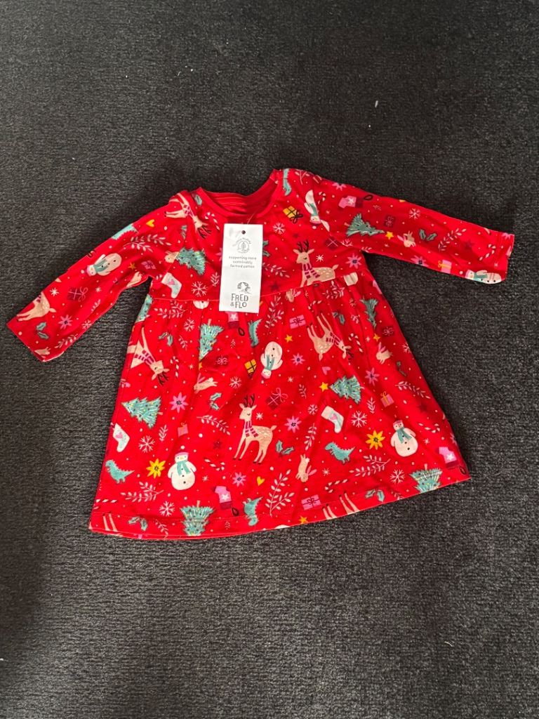 New Baby/Toddler Christmas Dress - Red, Festive Pattern