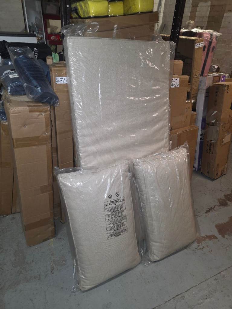 A new good quality set of light beige three cushions for a garden sofa it consists .