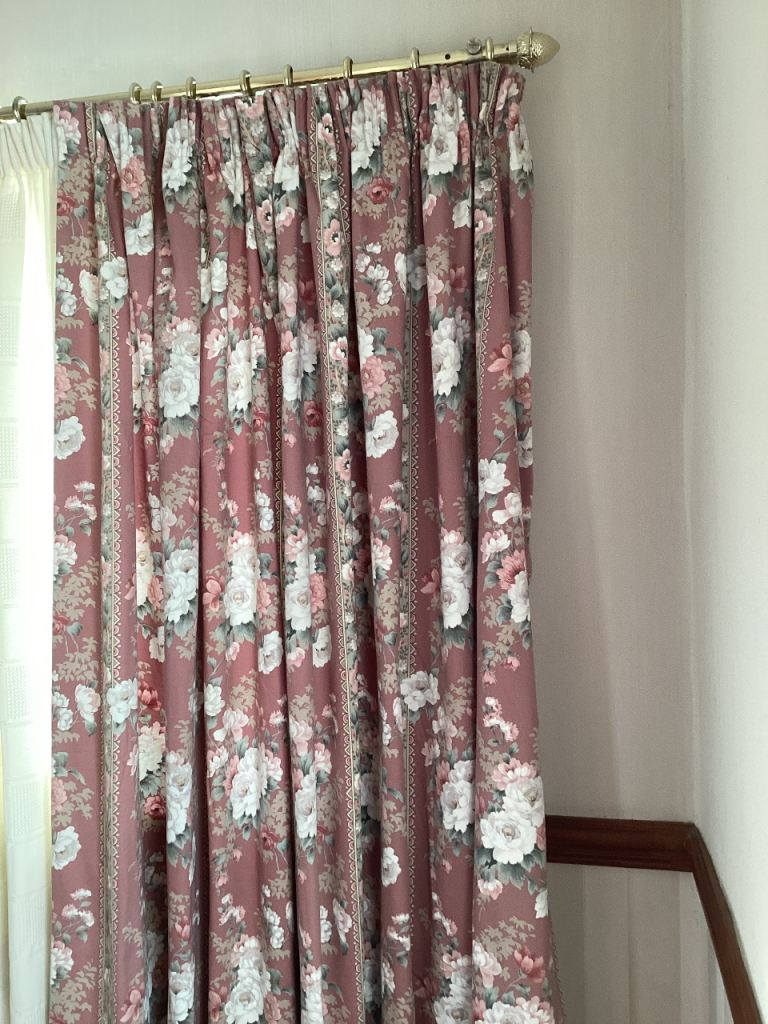 Curtains pink floral lined 84” w x 75” drop 