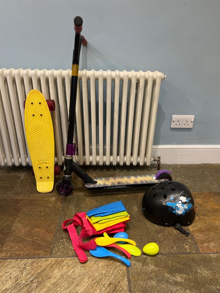 Kids Stunt Scooter, Skateboard, Helmet & Play Set – Good Condition