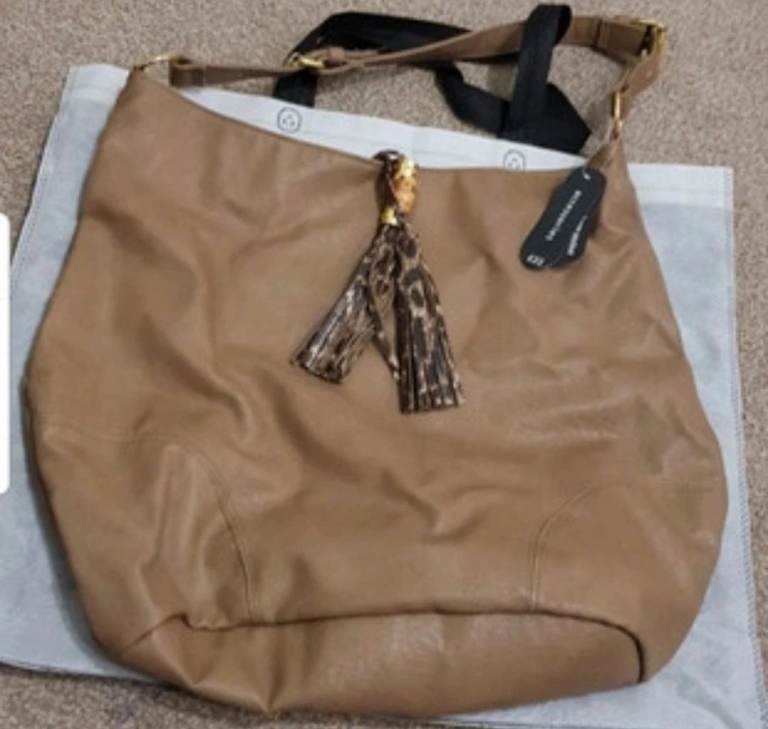 New Tan/Brown Shoulder Bag with Leopard Print Tassel