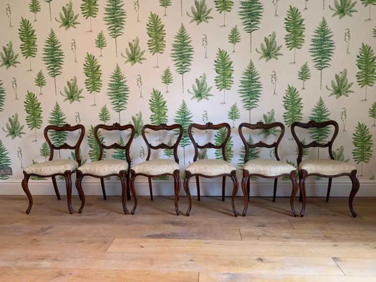 6 VICTORIAN ROSEWOOD BALLOON BACK CHAIRS WITH DESIGNER FABRIC COVERS 