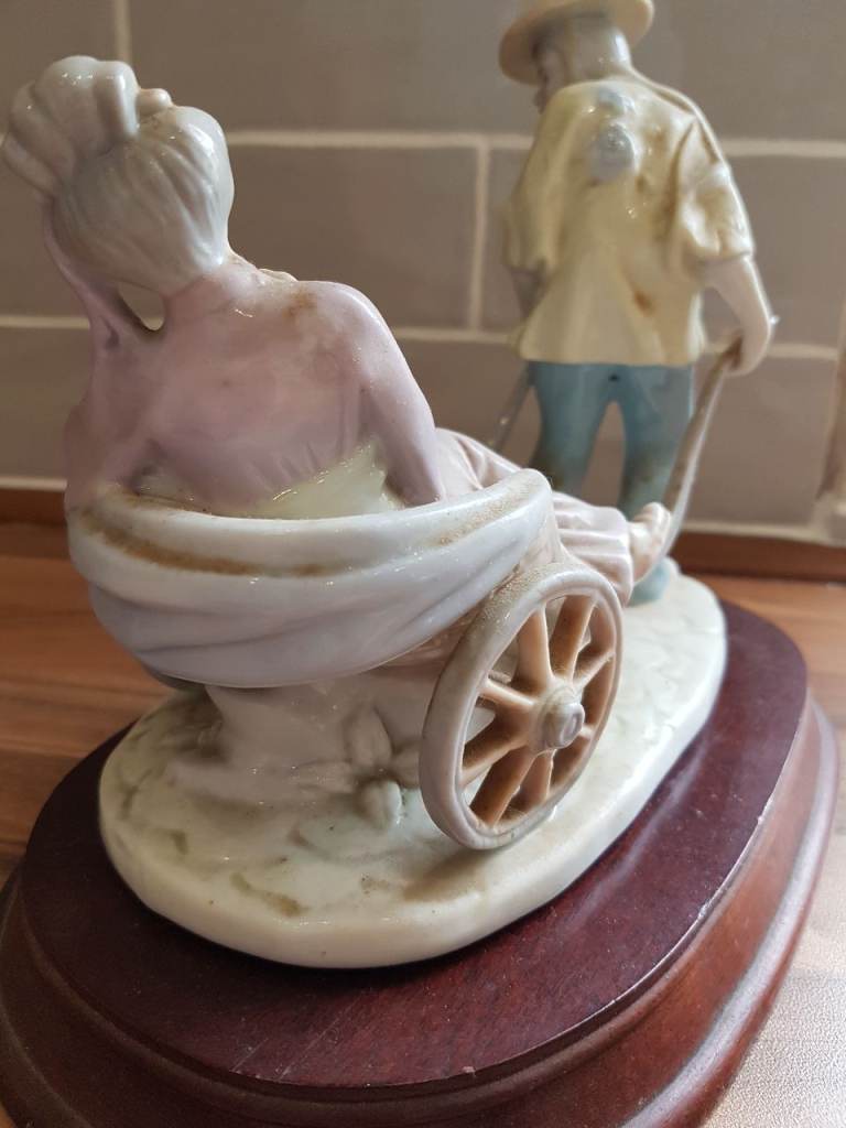 Ornamentle Figurine Rickshaw Man & Woman on Wooden Base