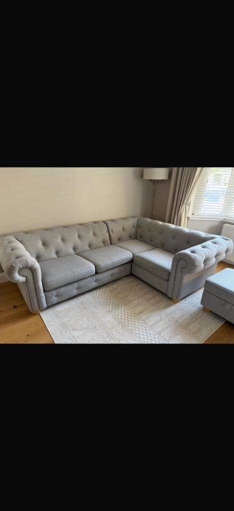 Stylish Grey Corner Sofa with Matching Armchair and Footstool