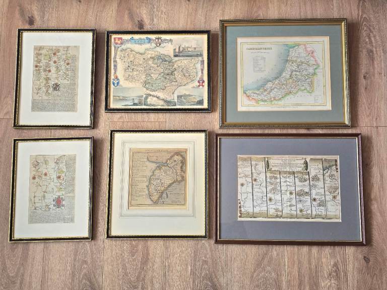 £50/Each-1700s/1800s Antique Framed Engraved Maps Cumberland, Yorkshire, Kent,Cardiganshire,London