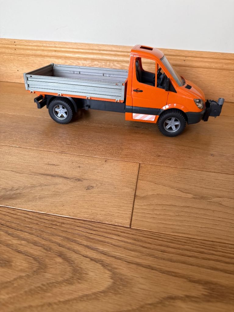 Toy Mercedes-Benz Sprinter Flatbed Truck – Orange, Good Condition