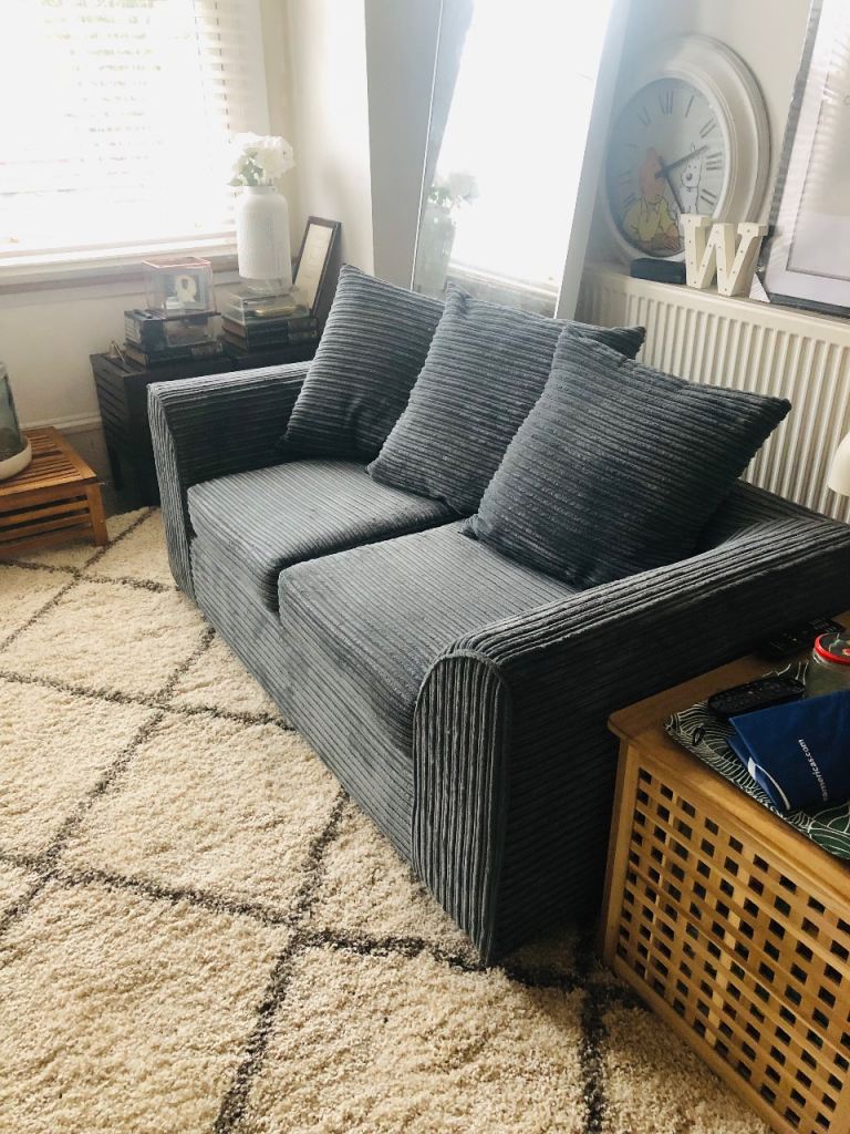 Comfy Grey Corduroy 2-Seater Sofa – Good Condition