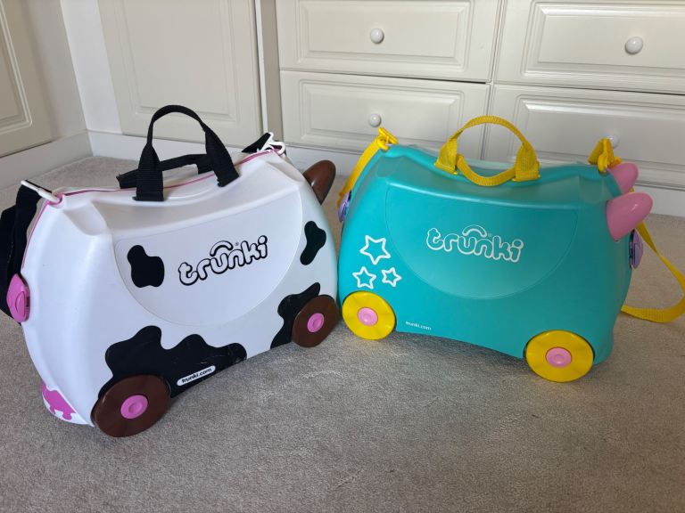 image for 2 x Trunkies (Cow and Unicorn). Ride on suitcase and hand luggage for kids