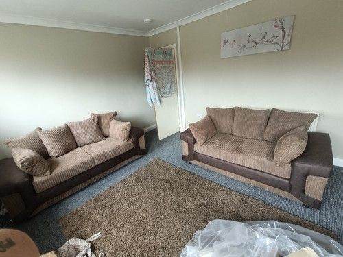 Pair of Brown Corduroy and Faux Leather Sofas
