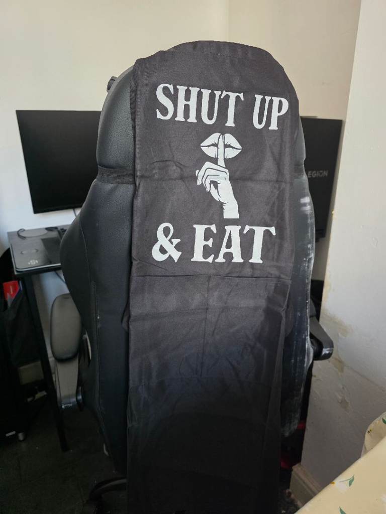 Black Gaming Chair with 'Shut Up & Eat' Cover – Good Condition