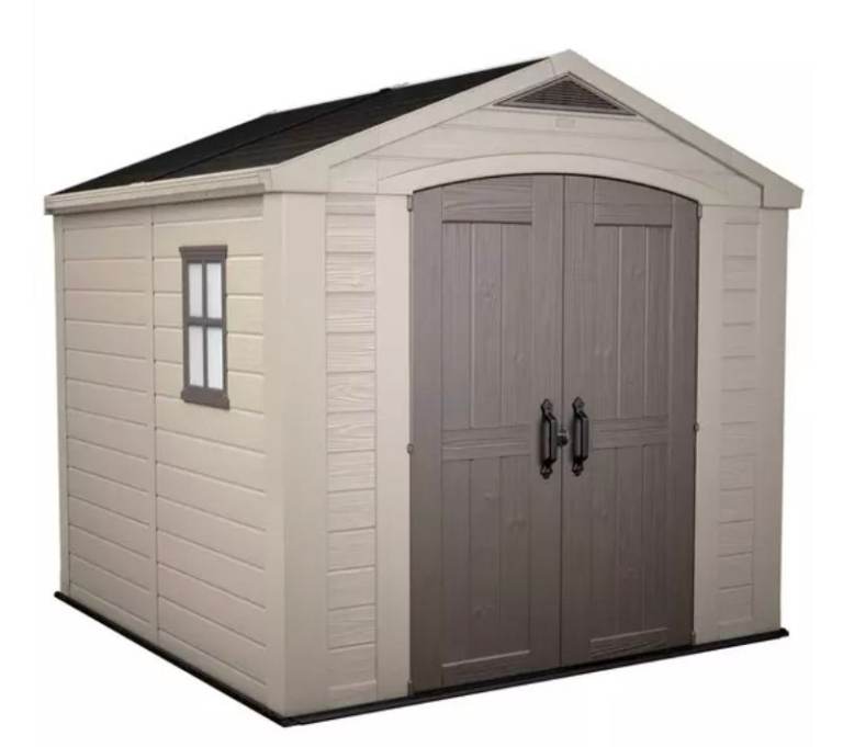 A new still boxed flat packed keter factor 8x6 beige plastic shed it can  stores garden tools, 