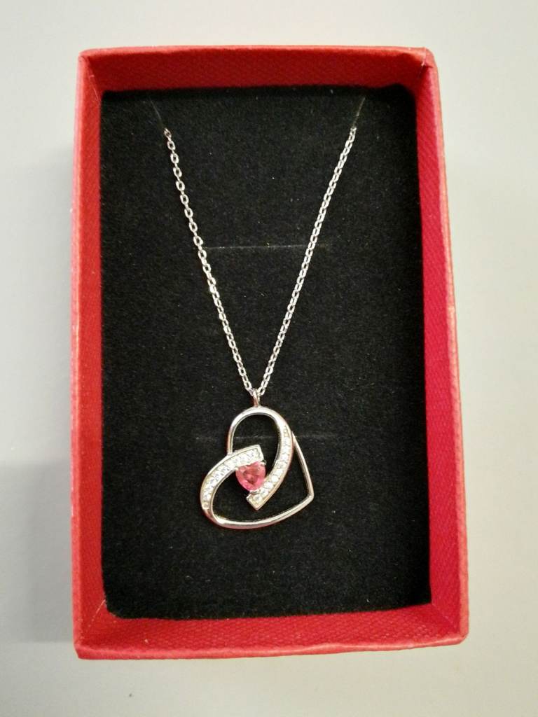New Silver Hallmarked Heart Necklace With Red Gem £25