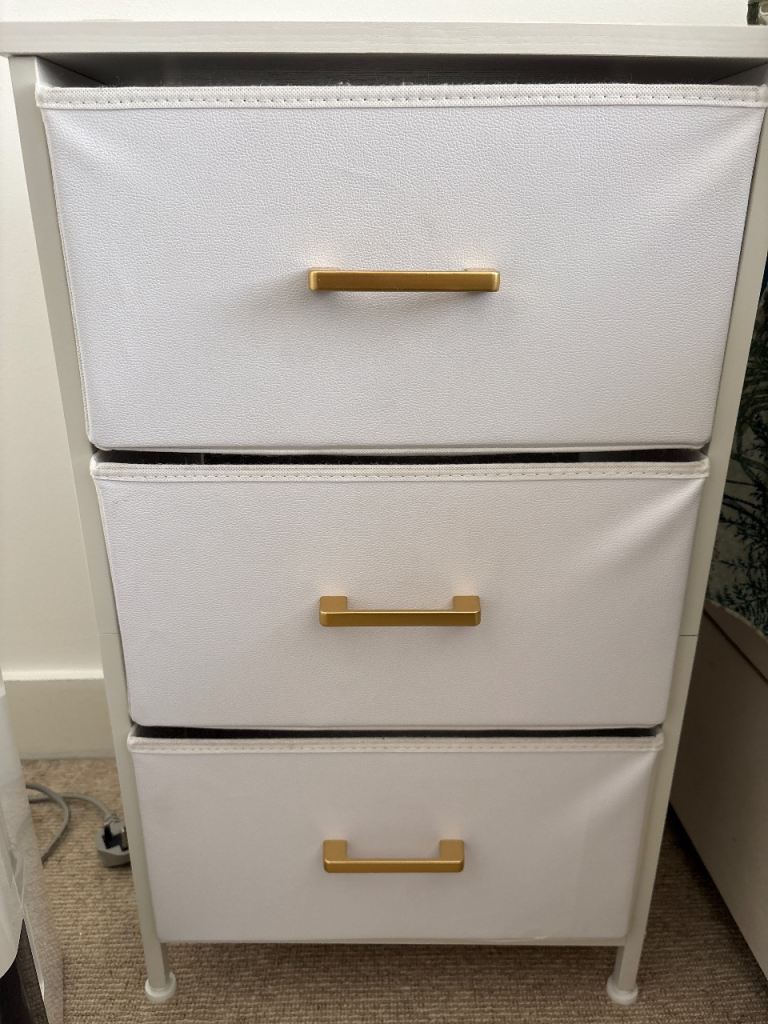 TWO White Fabric Drawer Storage Unit with Gold Handles – Good Condition