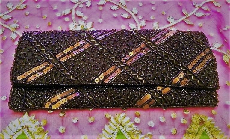 NEW BETH JORDAN DESIGNER BAG HANDBAG CLUTCH BAG Brown Bronze Copper Gold Sequin Bead Purse WEDDING
