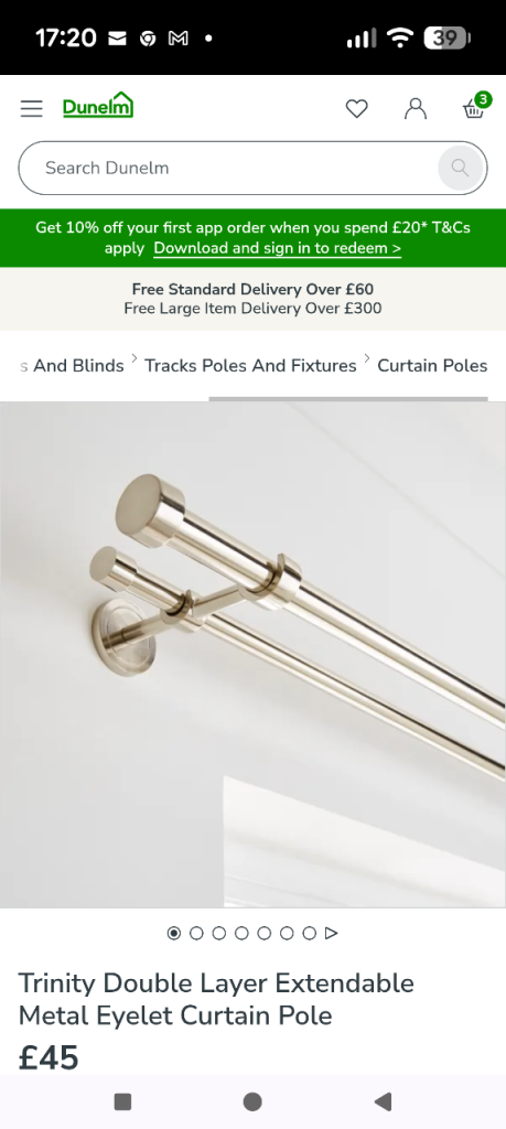 Dunelm Trinity Double Layer Extendable Curtain Pole – Silver