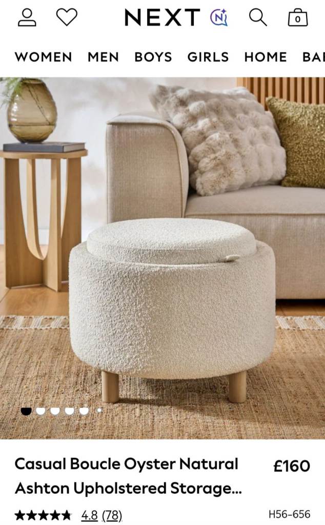 NEXT Casual Boucle Oyster Natural Ashton Upholstered Storage Stool RRP £160