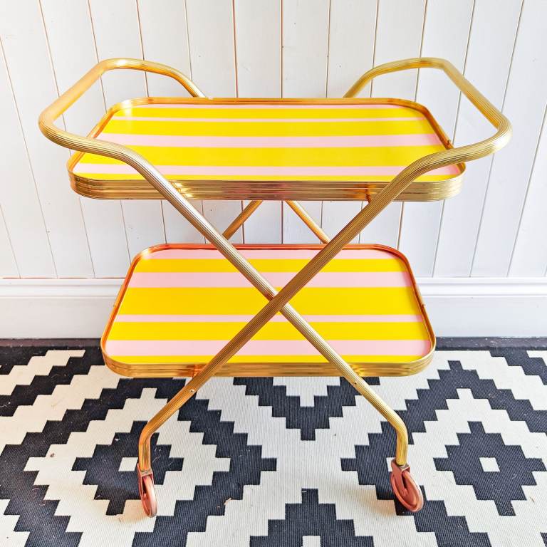 Vintage Retro Folding Yellow & Pink Candy Stripe Cocktail Trolley, Bar Cart / Upcycled