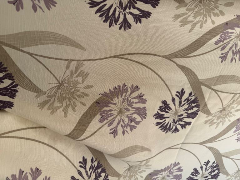 2 pairs of lined pencil pleat curtains with dandelion print in aubergine/off white shades