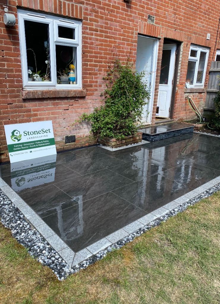 Anthracite Porcelain Tiles & Granite Step Kerb Edges + Setts