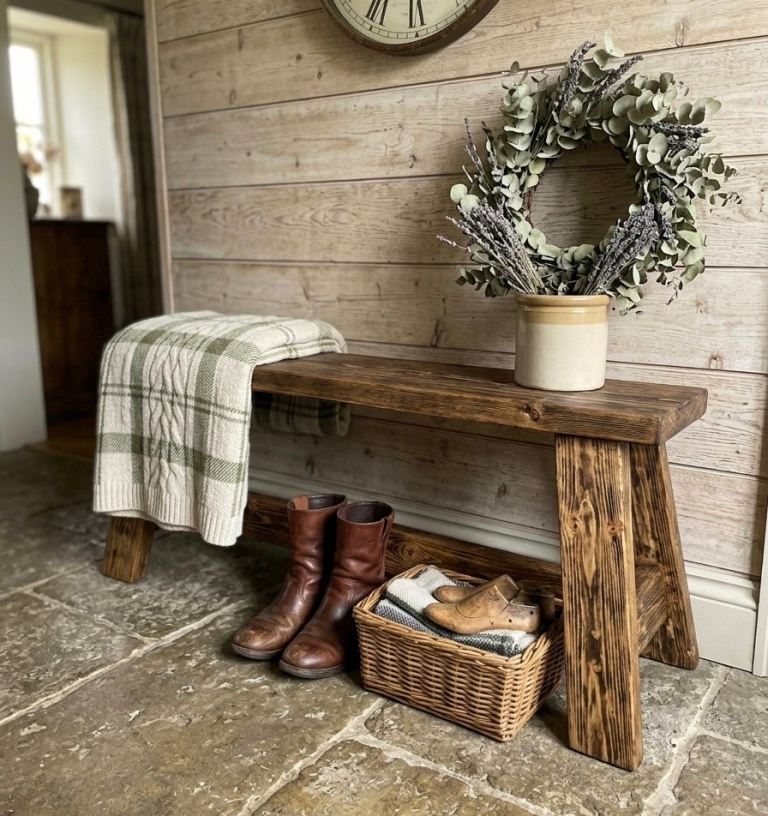 Handcrafted Rustic Farmhouse Bench - Dark Oak Wax, Solid Wood, Entryway/Hallway