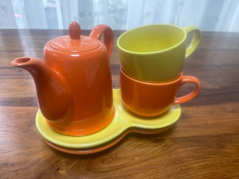 Funky Orange and Yellow Ceramic Teapot Set for Two