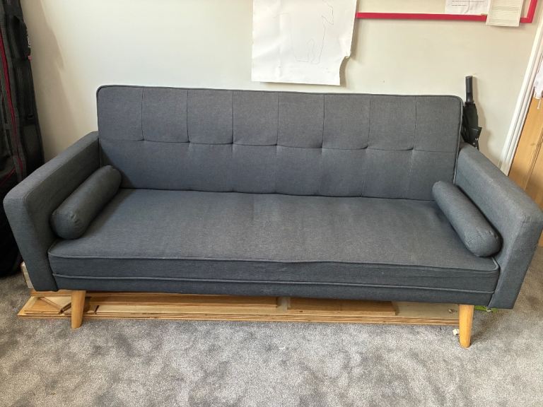 Grey Fabric Sofa Bed with Wooden Legs – Good Condition 