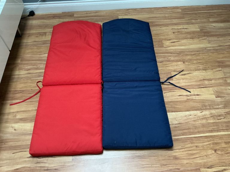 Two Garden Chair Cushions - Red and Blue, As Good As New