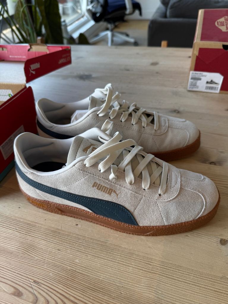 Puma Suede Trainers – White with Blue Stripe, As Good As New