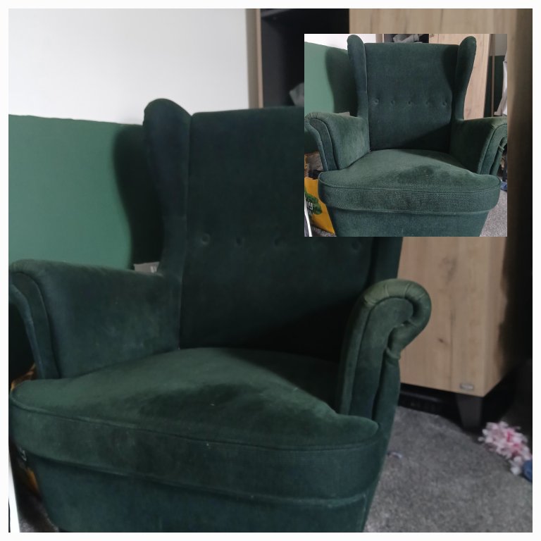 Dark Green Fabric Wingback Armchair – Fair Condition