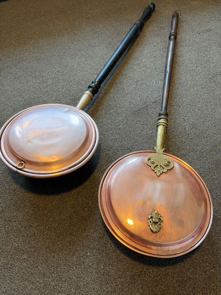 Vintage Copper Bed Warmers with Long Wooden Handles – Good Condition
